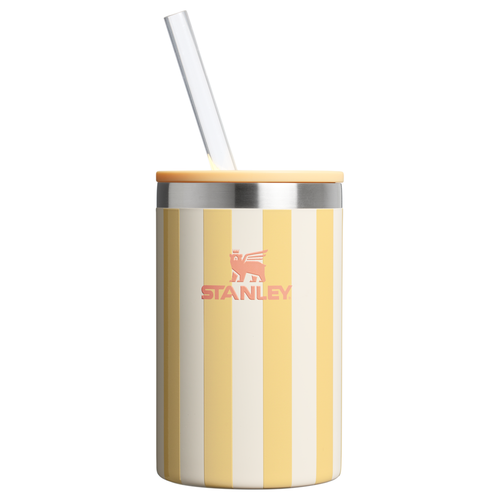 Stanley 10 OZ Everyday Can Cooler Cup In Butter Yellow Cabana Stripe Pink From The Oasis Collection
